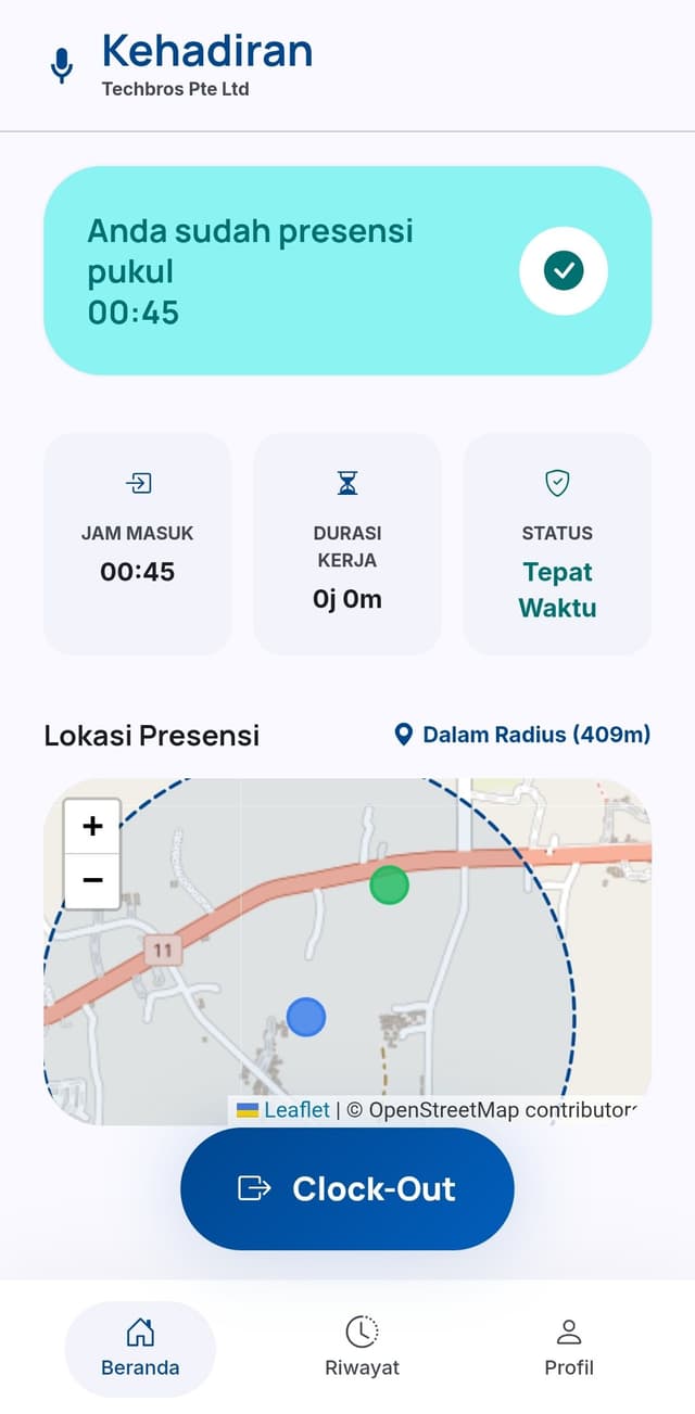 Preview beranda karyawan Kehadiran